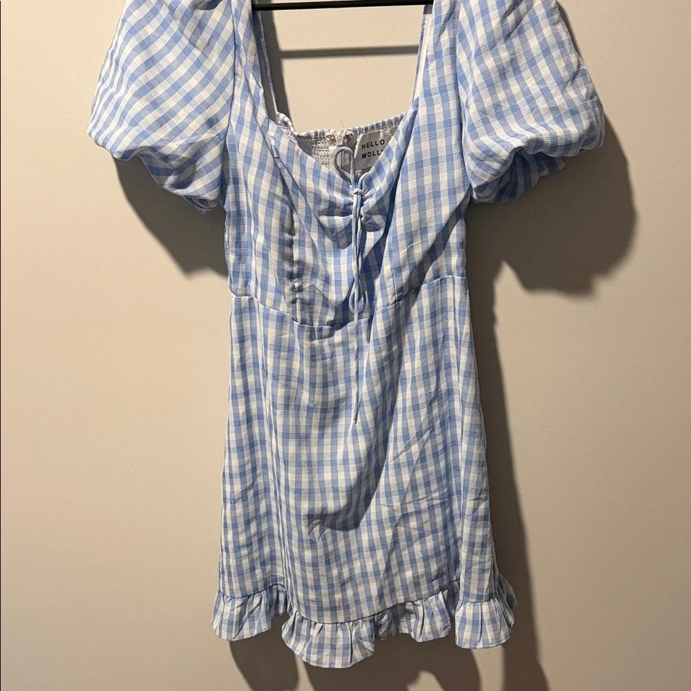 Hello Molly Light Blue and White Gingham Puff Sleeve Mini Dress - Picture 1 of 3
